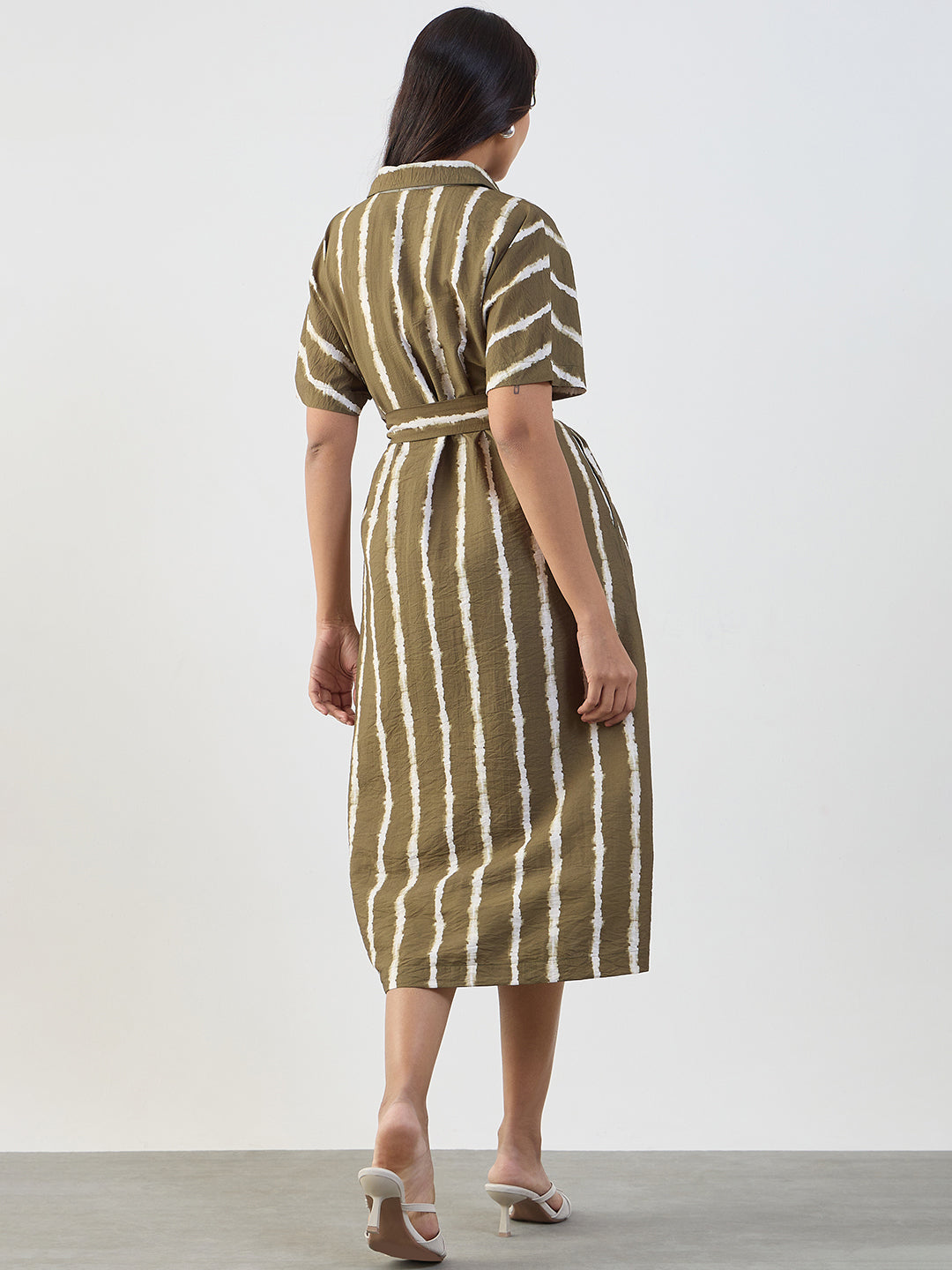 Green Abstract Stripe Shirt Midi Dress