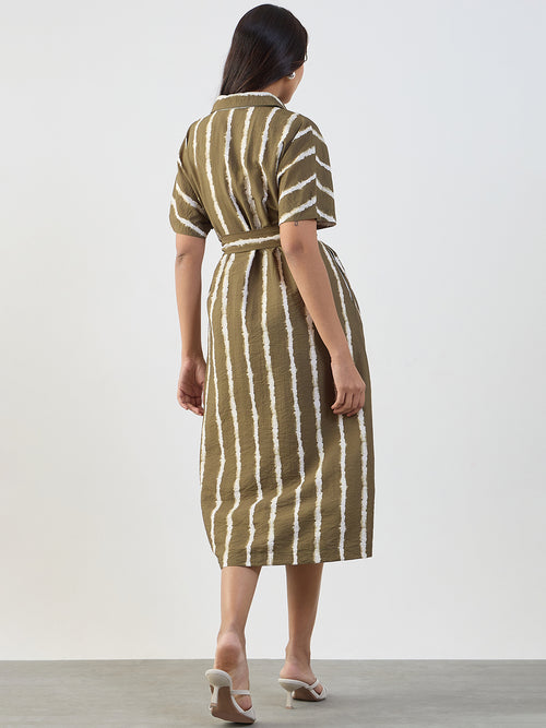 Green Abstract Stripe Shirt Midi Dress