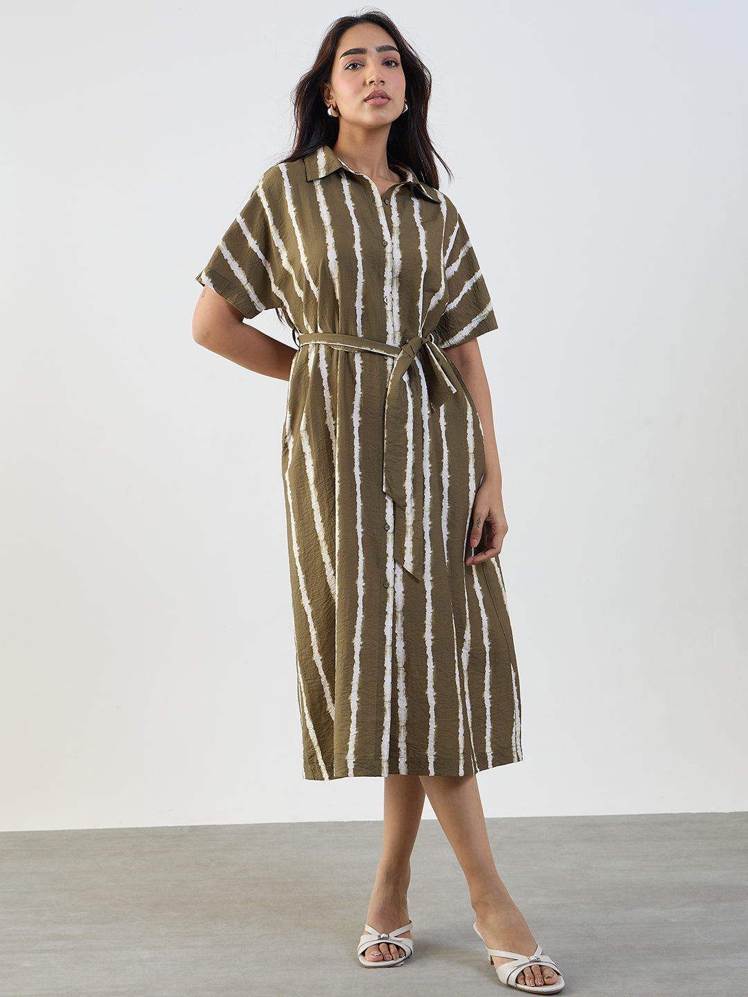 Green Abstract Stripe Shirt Midi Dress