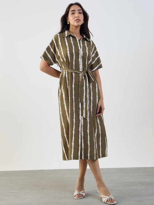 Green Abstract Stripe Shirt Midi Dress