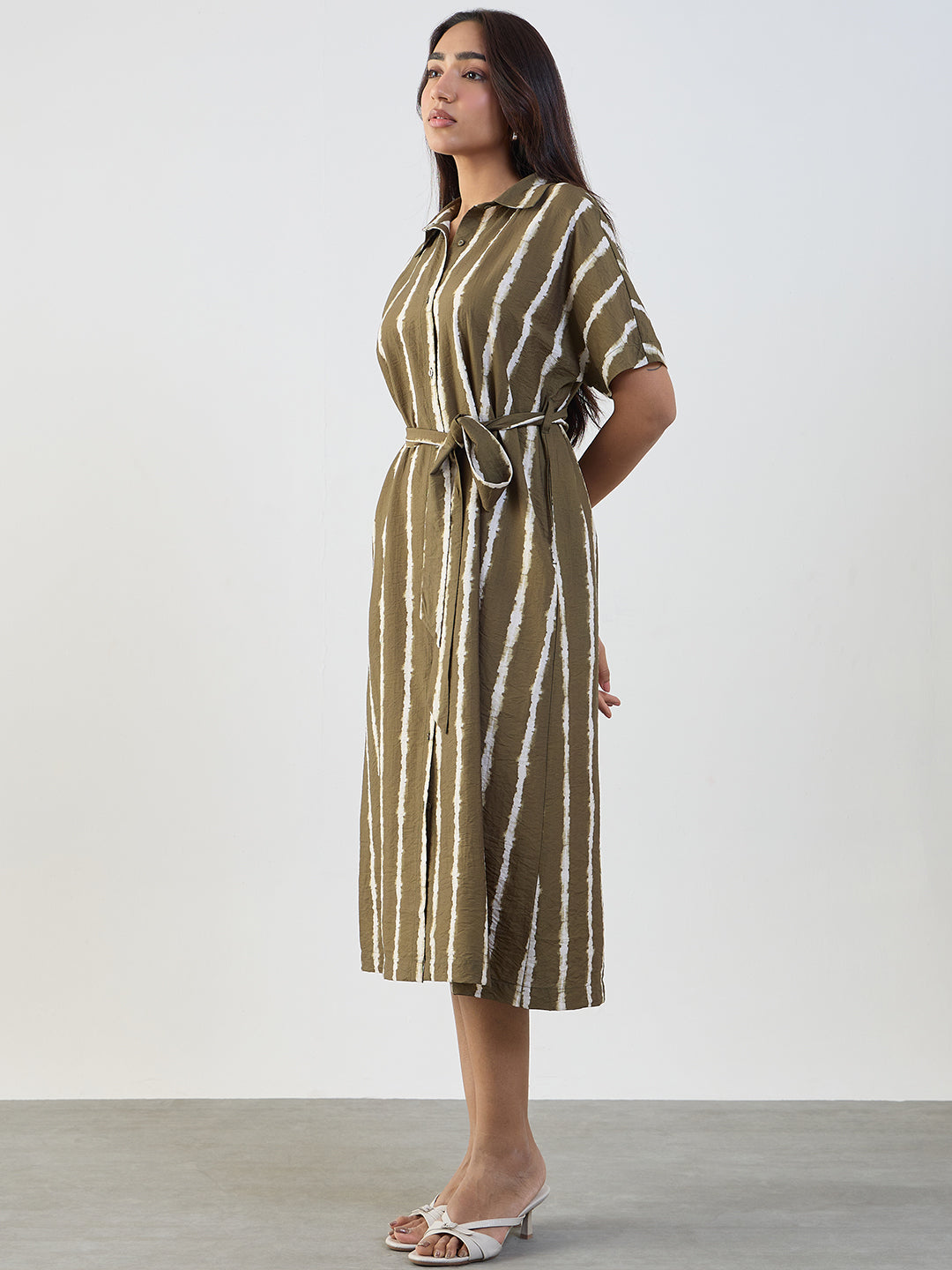 Green Abstract Stripe Shirt Midi Dress