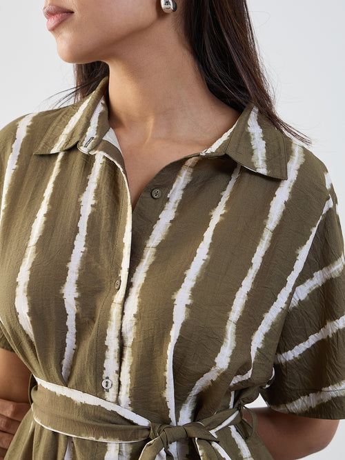 Green Abstract Stripe Shirt Midi Dress