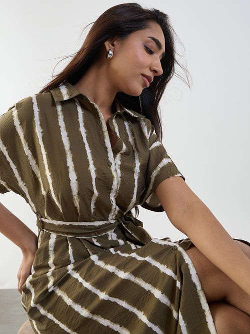 Green Abstract Stripe Shirt Midi Dress