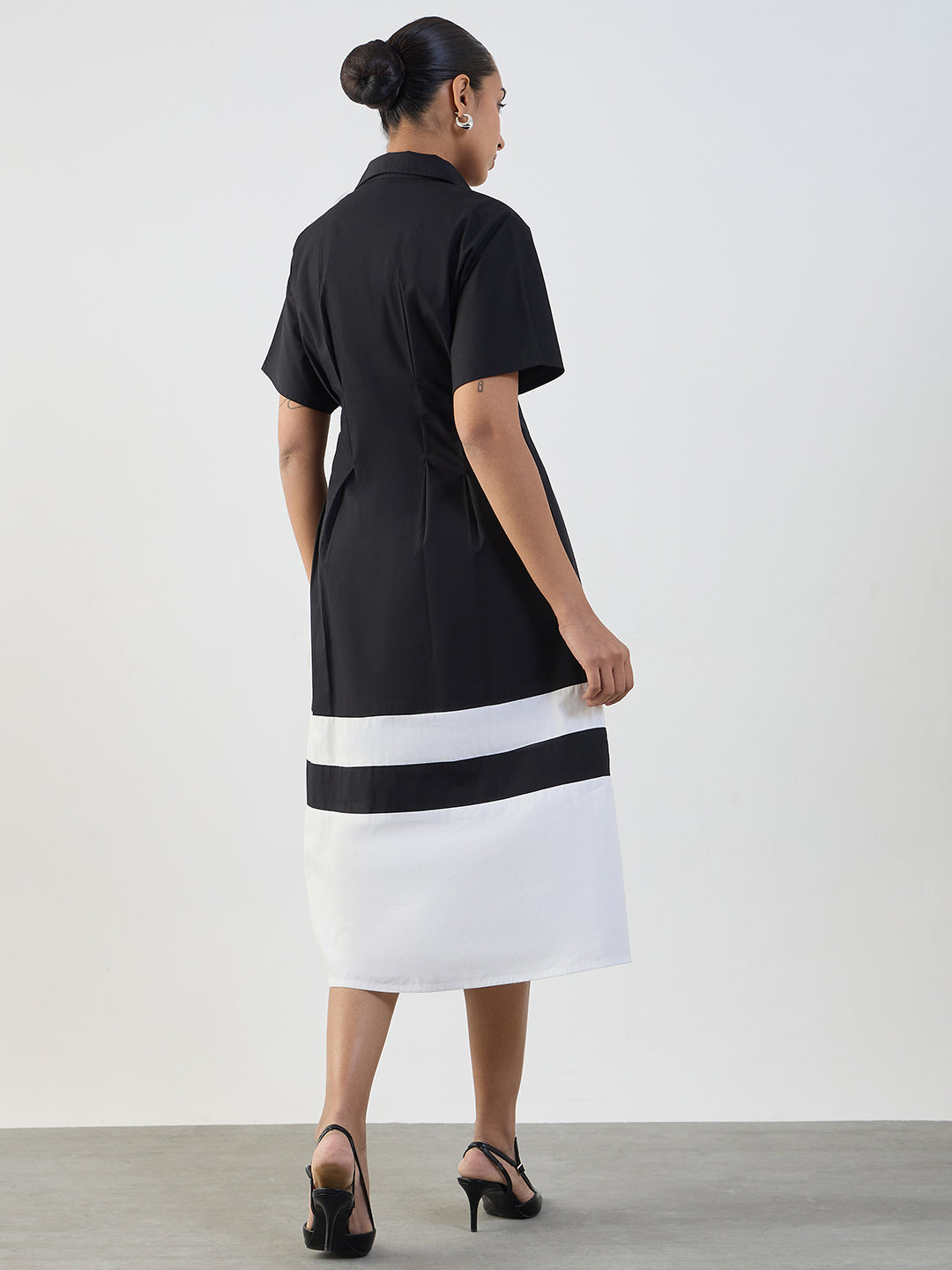 Black And White Poplin Colorblock Calf Length Dress
