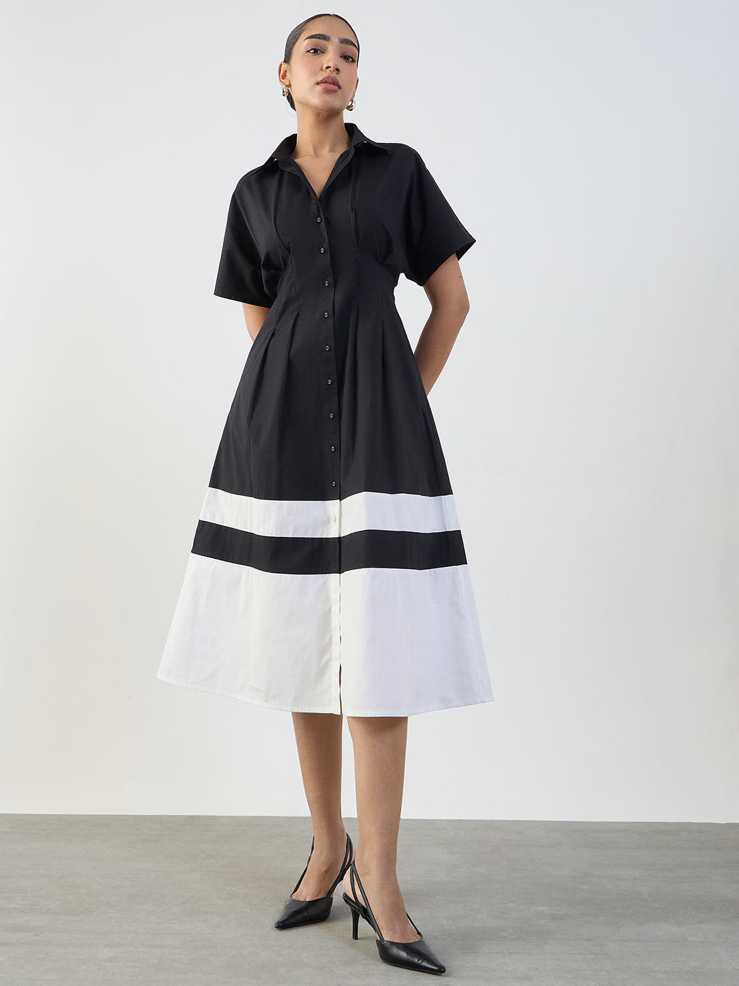 Black And White Poplin Colorblock Calf Length Dress