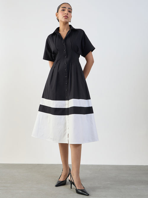 Black And White Poplin Colorblock Calf Length Dress