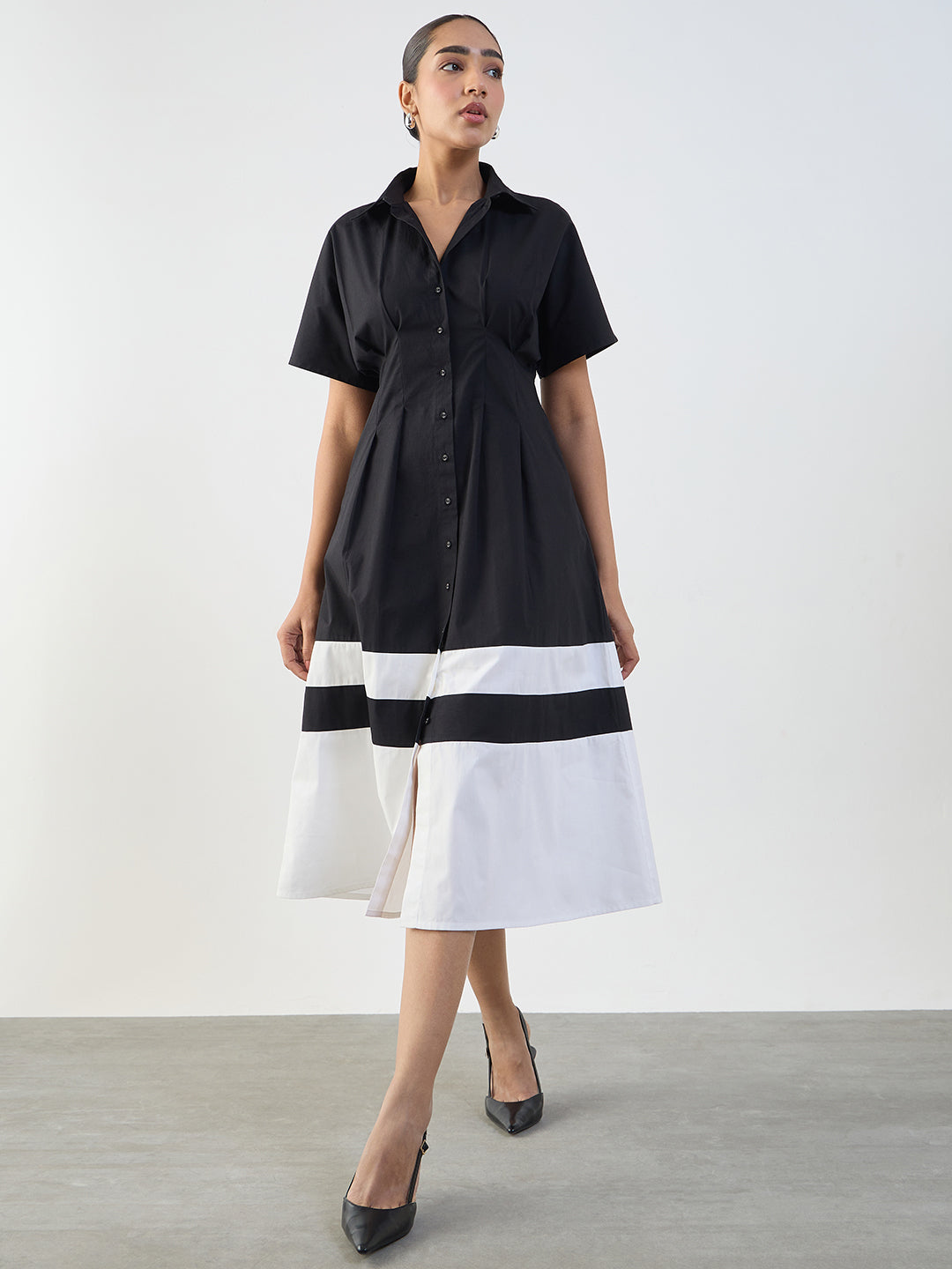 Black And White Poplin Colorblock Calf Length Dress