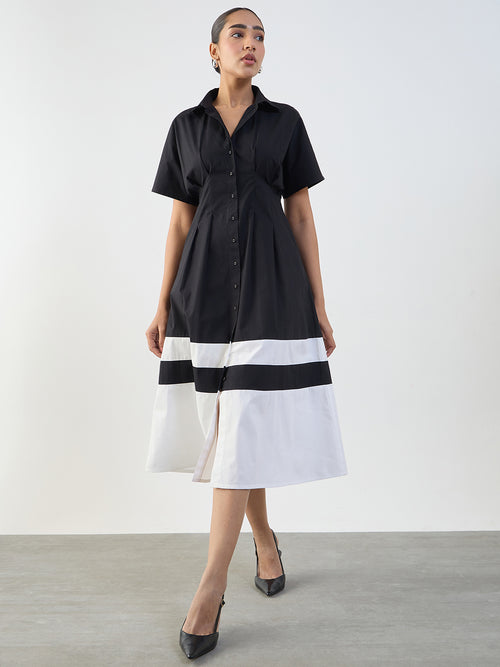 Black And White Poplin Colorblock Calf Length Dress