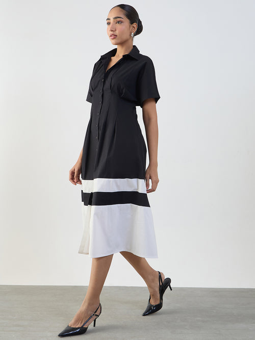 Black And White Poplin Colorblock Calf Length Dress