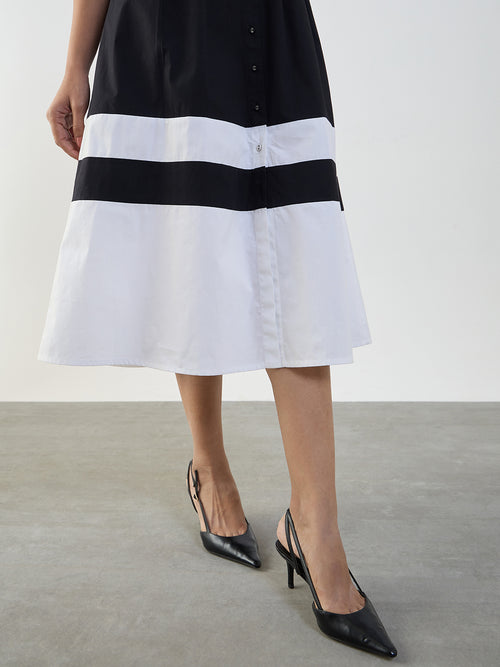 Black And White Poplin Colorblock Calf Length Dress