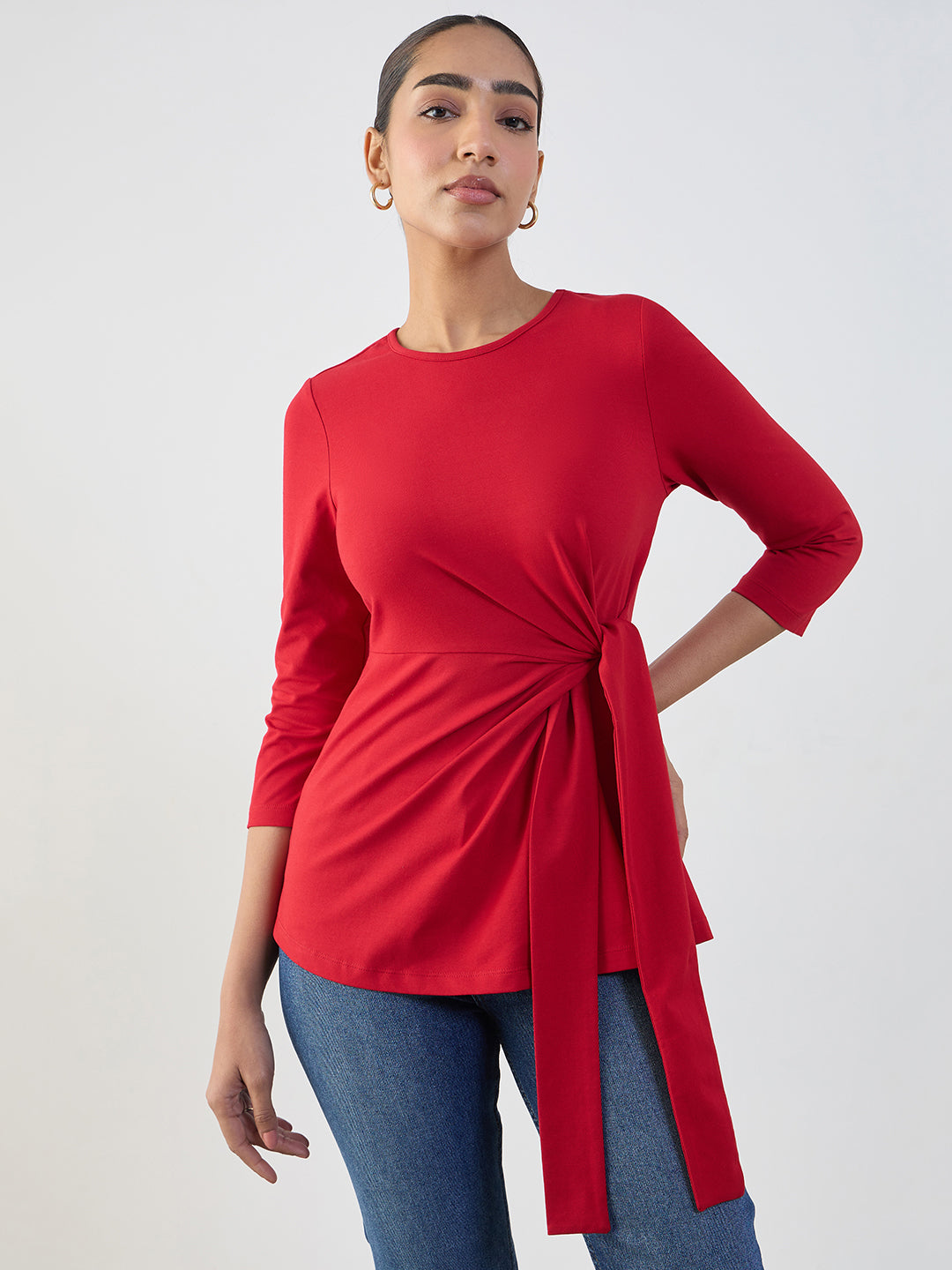 Red Cotton Knit Tie-Up Top