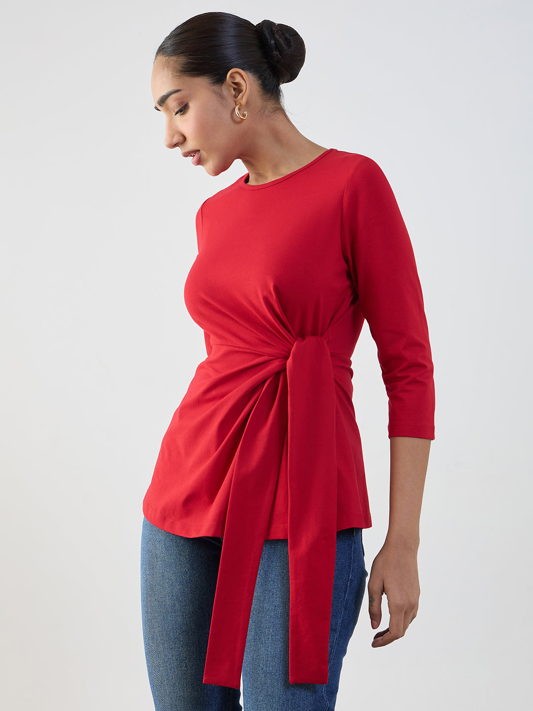Red Cotton Knit Tie-Up Top