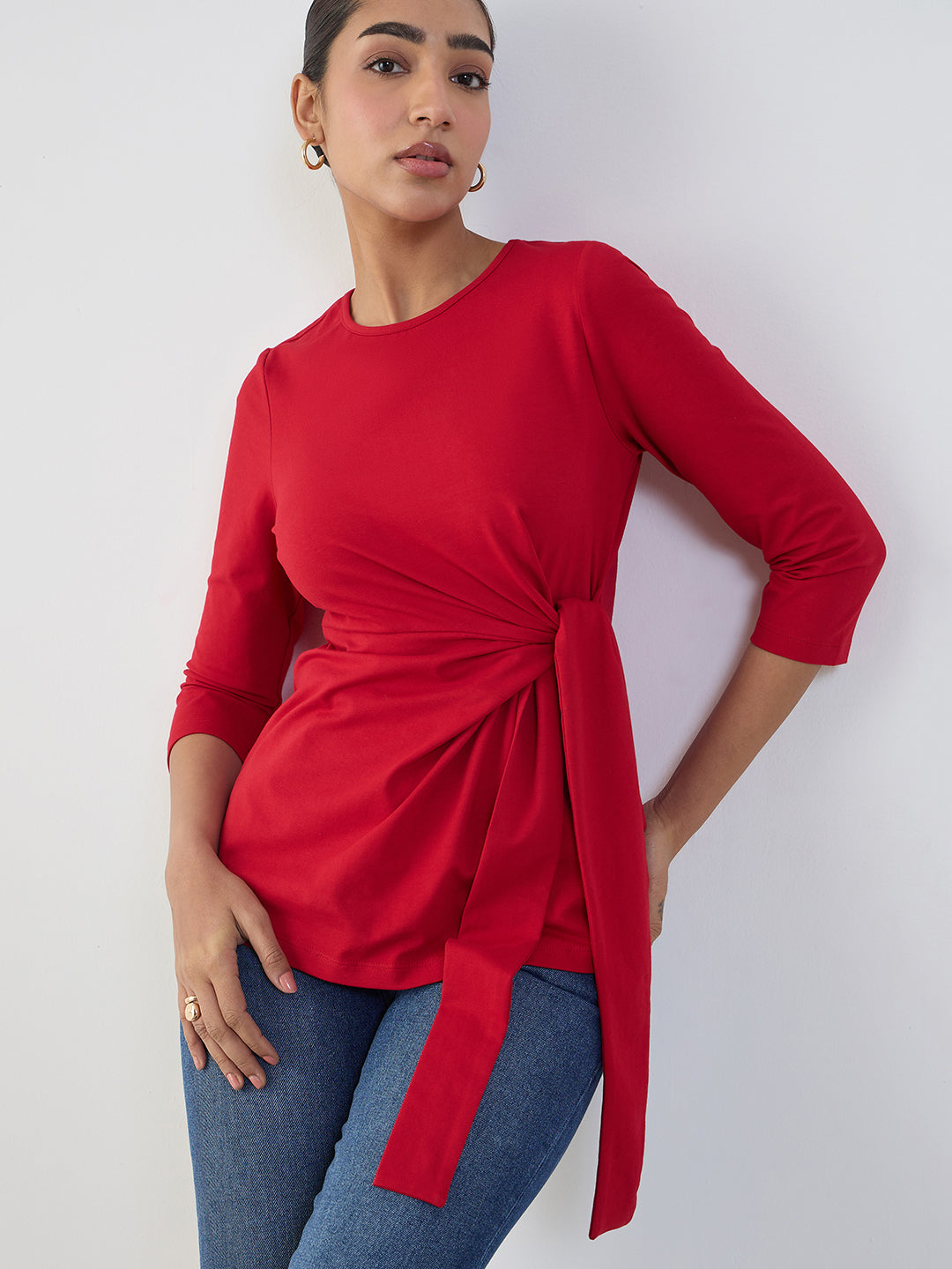 Red Cotton Knit Tie-Up Top