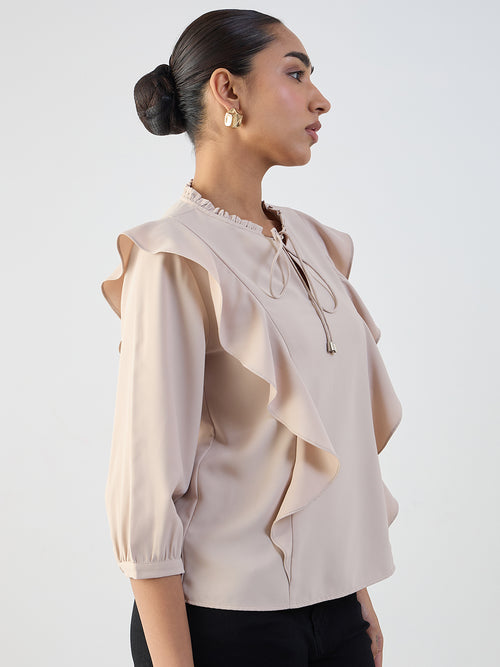 Beige Ruffle Detail Top