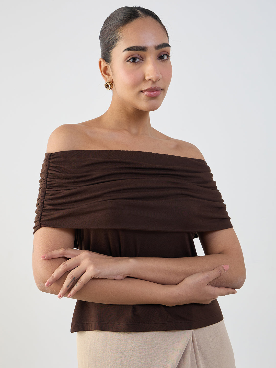 Bamboo Brown Knit Off Shoulder Top