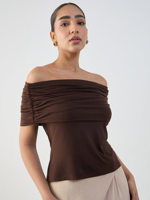 Bamboo Brown Knit Off Shoulder Top
