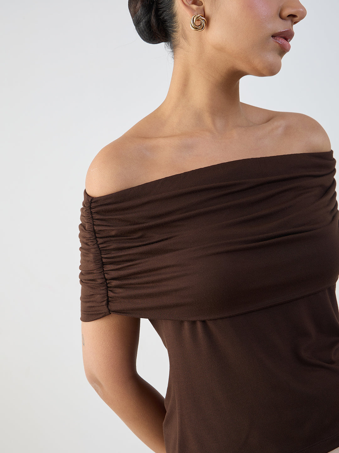Bamboo Brown Knit Off Shoulder Top