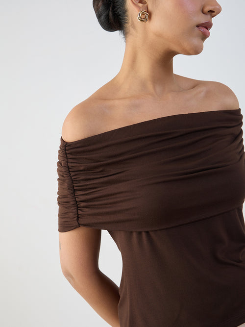 Bamboo Brown Knit Off Shoulder Top