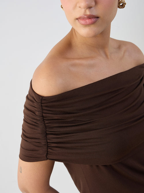 Bamboo Brown Knit Off Shoulder Top