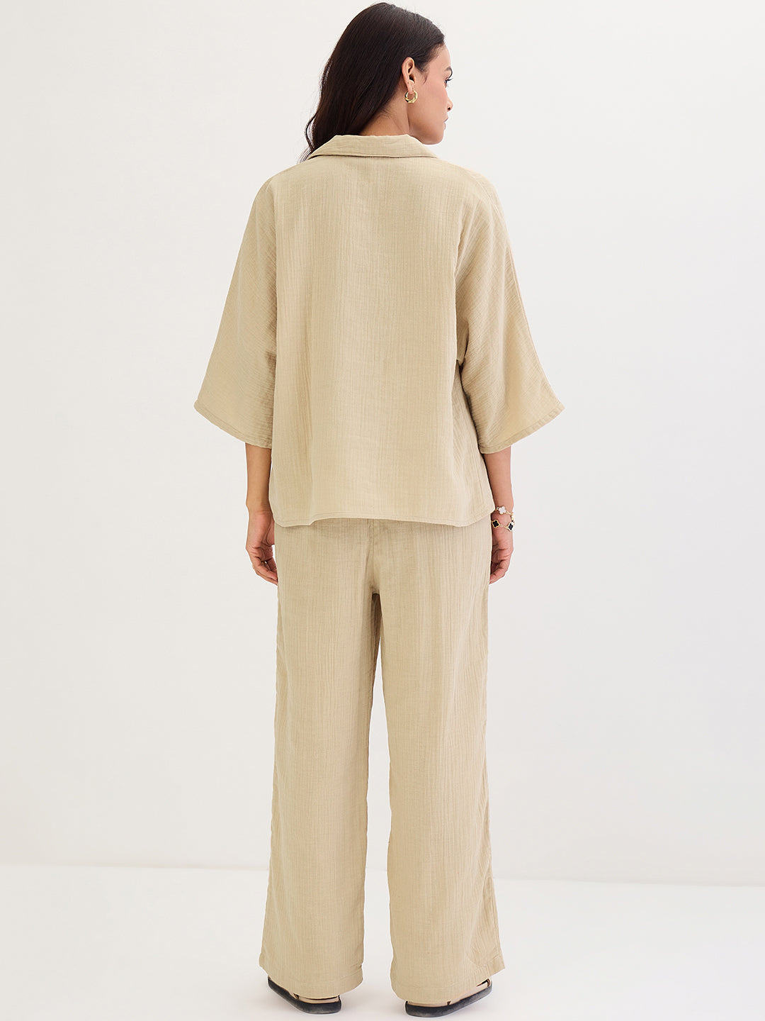 Cotton Gauze Beige Kimono Sleeve Co-Ord Set