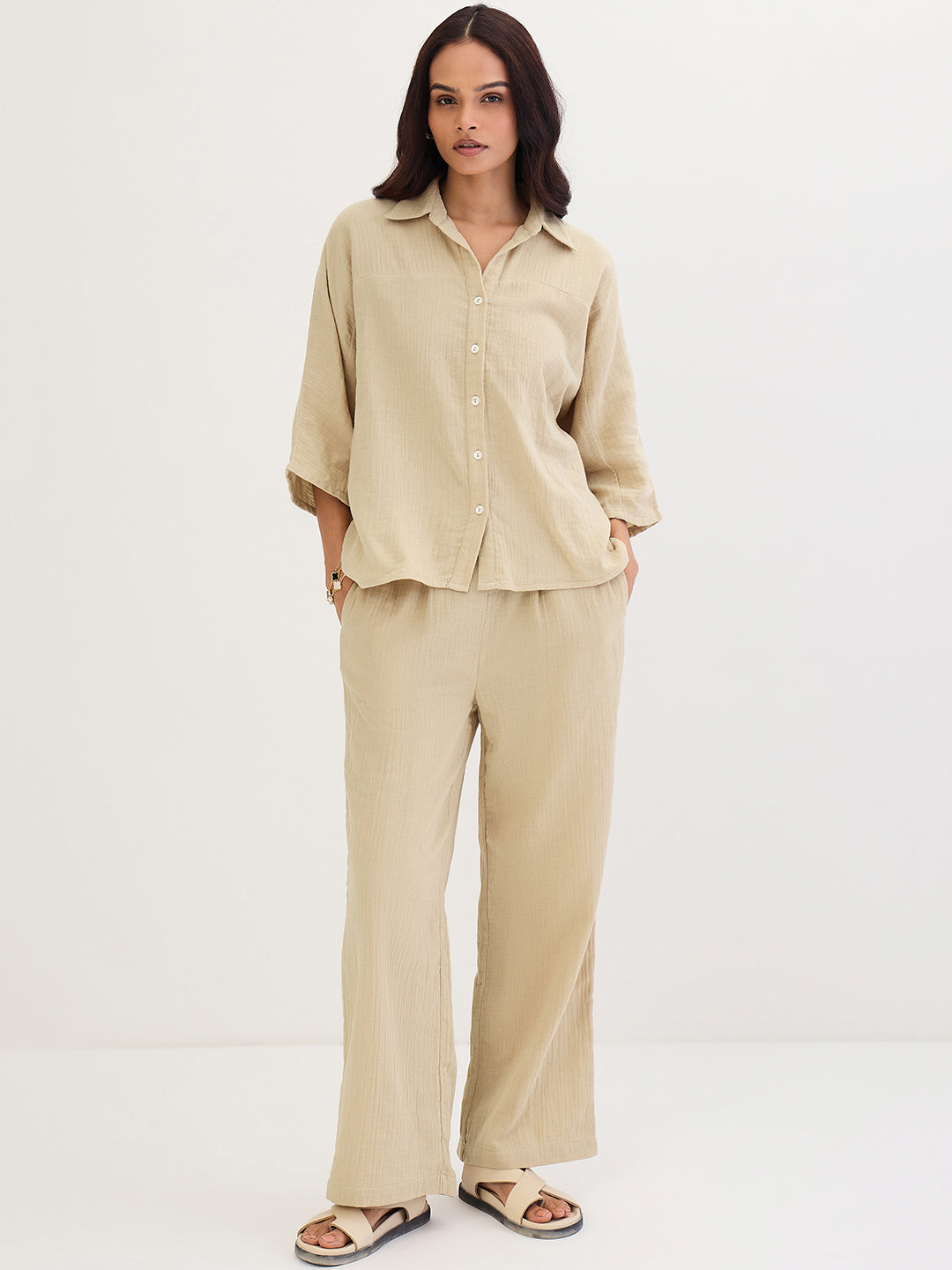Cotton Gauze Beige Kimono Sleeve Co-Ord Set