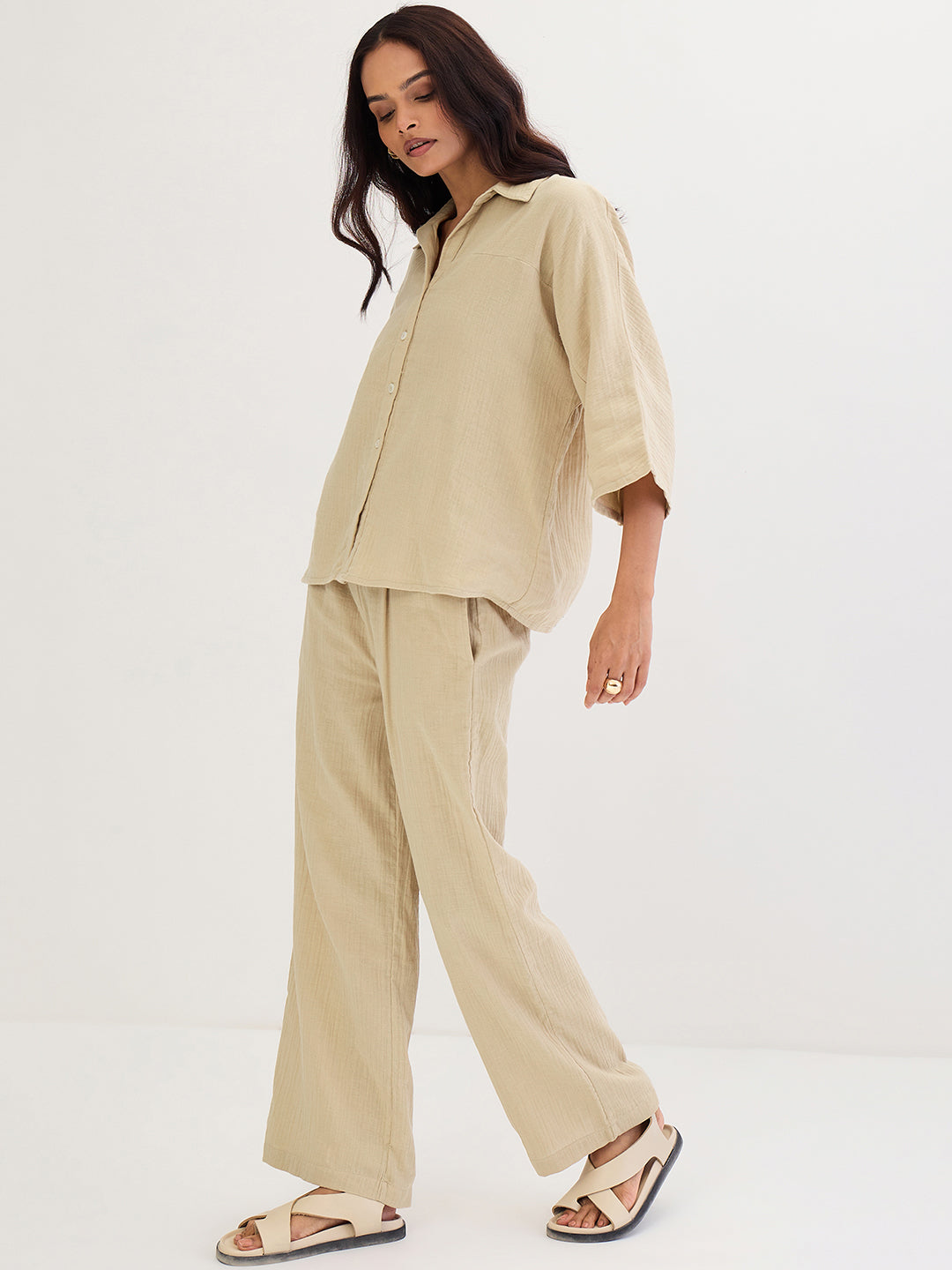 Cotton Gauze Beige Kimono Sleeve Co-Ord Set