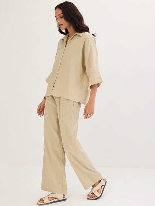 Cotton Gauze Beige Kimono Sleeve Co-Ord Set