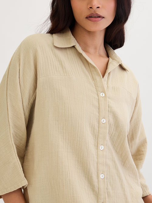 Cotton Gauze Beige Kimono Sleeve Co-Ord Set