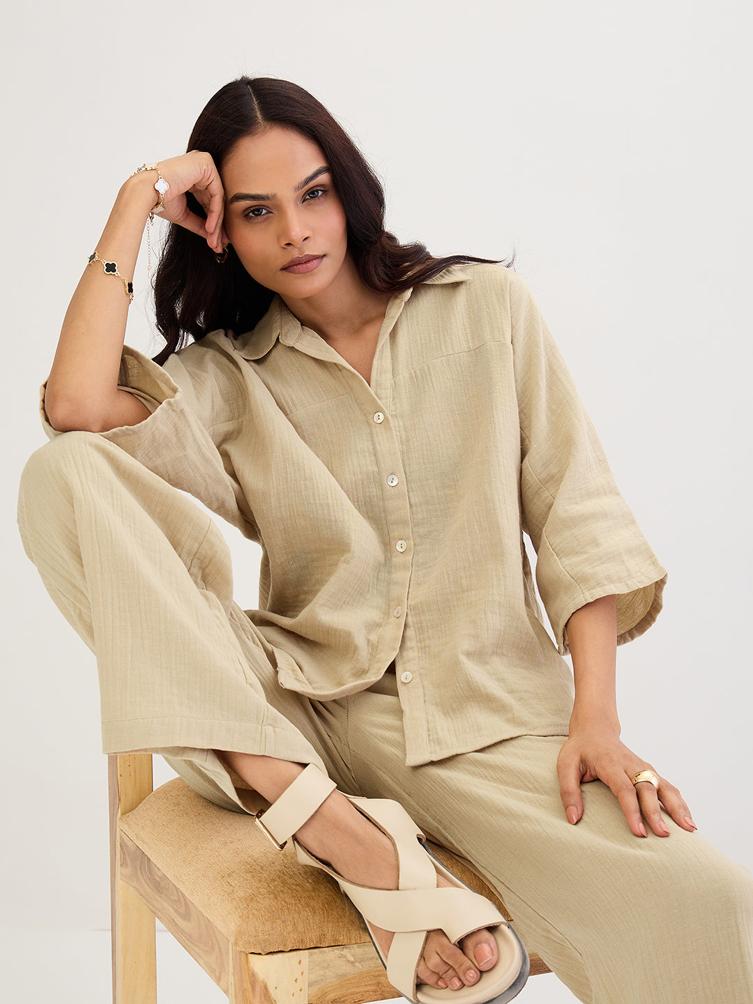 Cotton Gauze Beige Kimono Sleeve Co-Ord Set