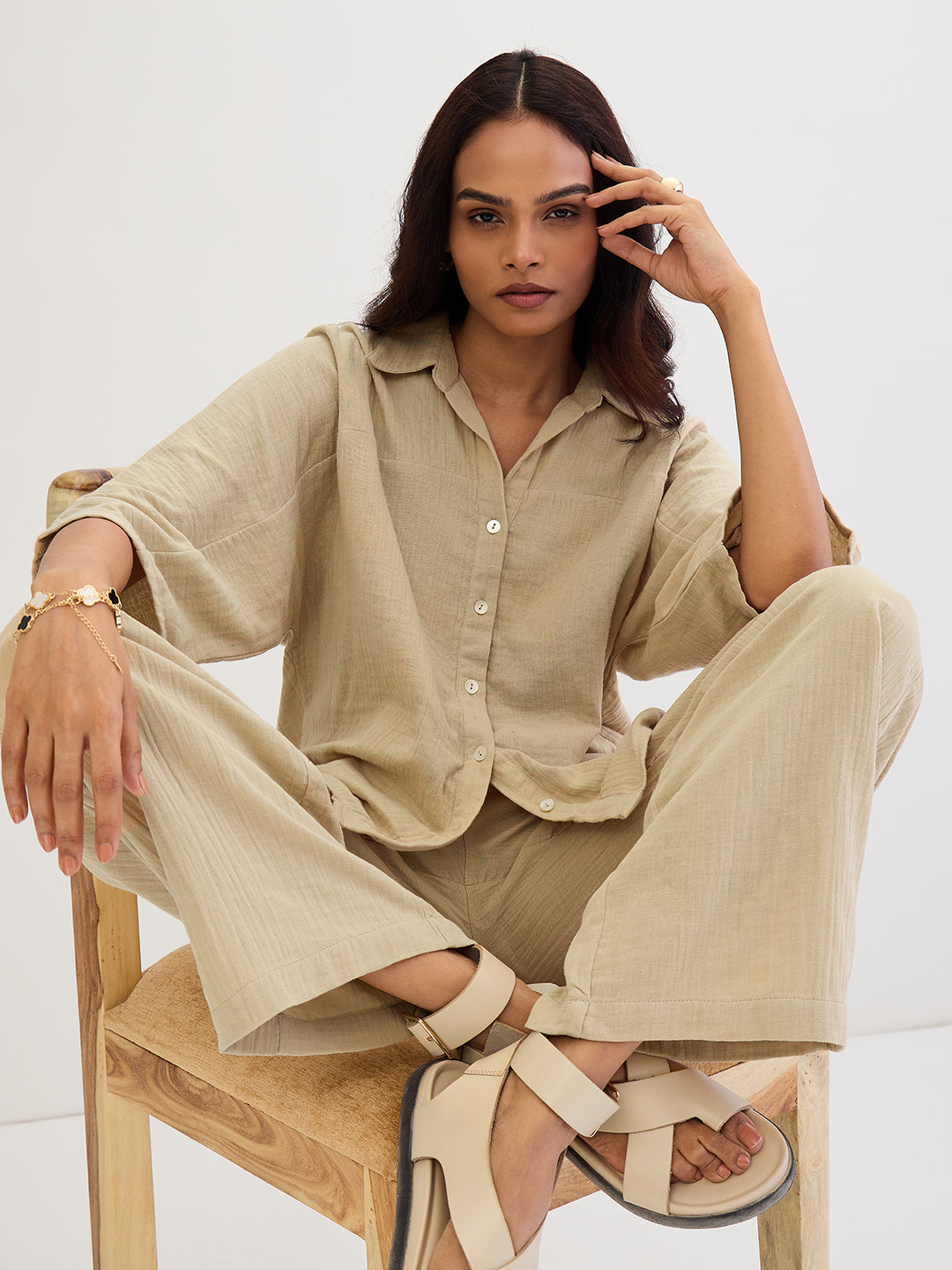 Cotton Gauze Beige Kimono Sleeve Co-Ord Set