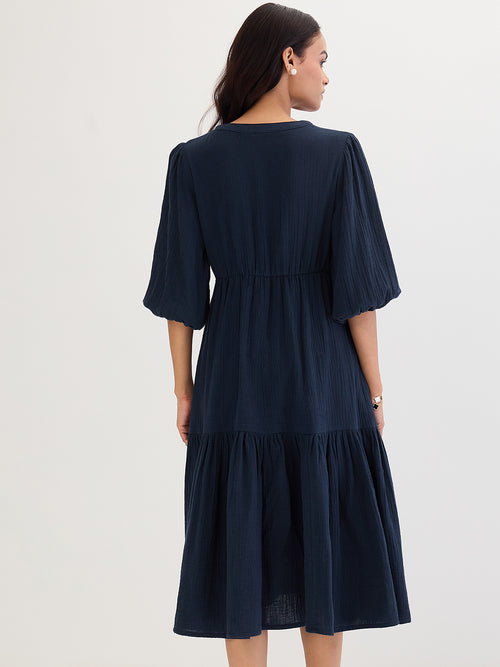 Cotton Gauze Midnight Blue Knot Detail Midi Dress