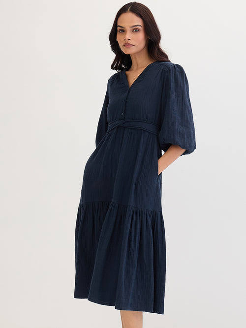 Cotton Gauze Midnight Blue Knot Detail Midi Dress