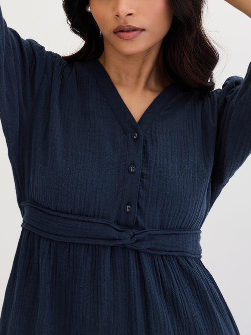 Cotton Gauze Midnight Blue Knot Detail Midi Dress