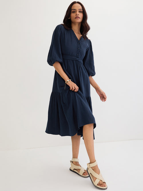 Cotton Gauze Midnight Blue Knot Detail Midi Dress
