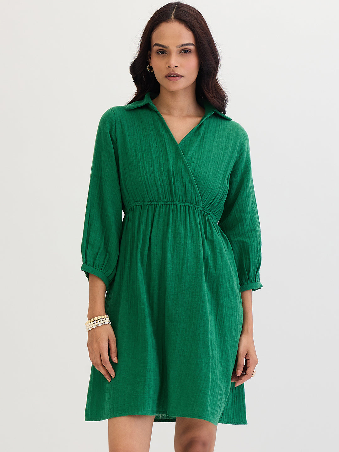 Cotton Gauze Bright Green Wrap Knee Length Dress