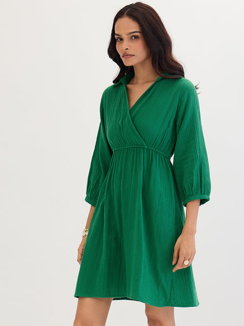 Cotton Gauze Bright Green Wrap Knee Length Dress
