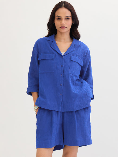 Cotton Gauze Royal Blue Short Co-Ord Set