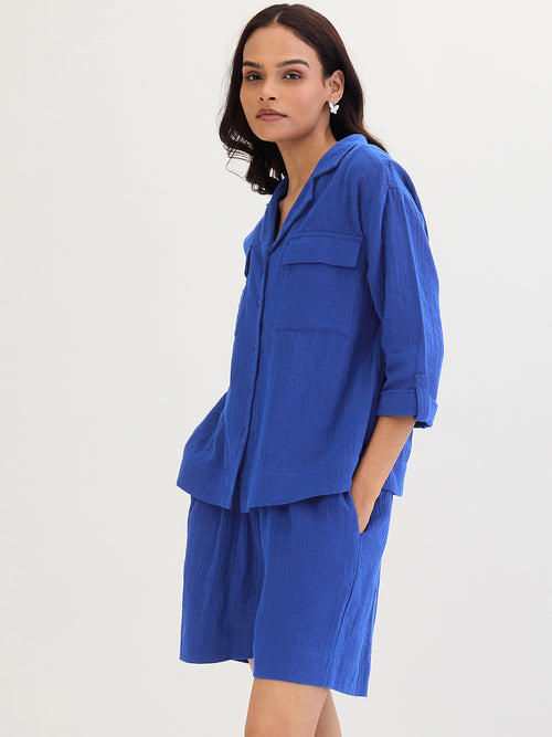 Cotton Gauze Royal Blue Short Co-Ord Set