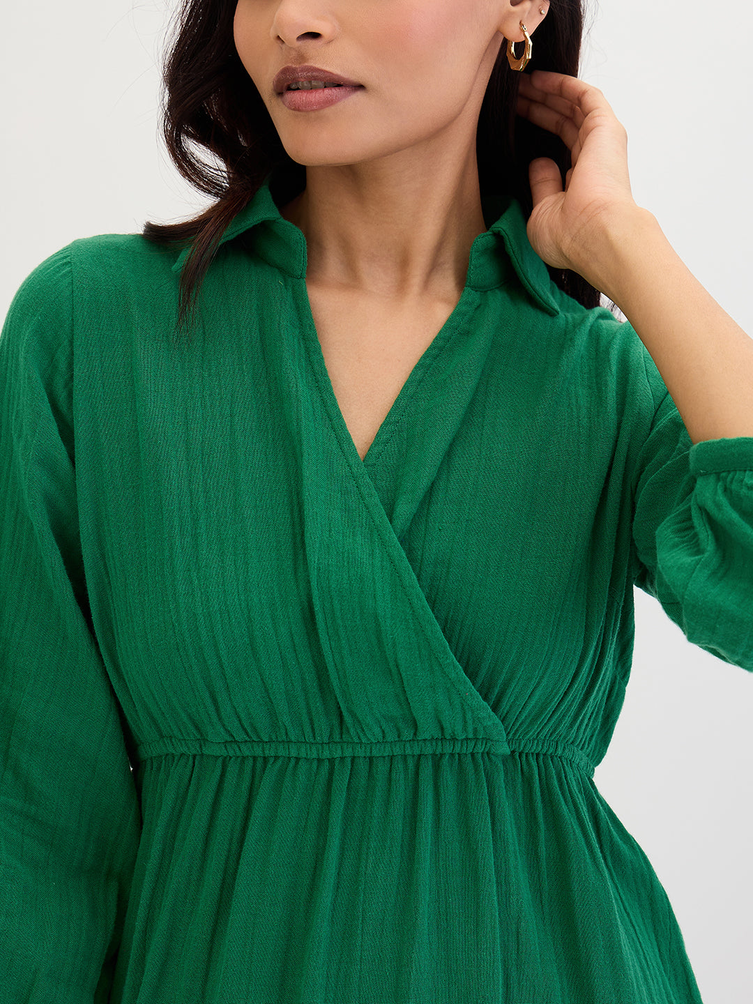 Cotton Gauze Bright Green Wrap Knee Length Dress