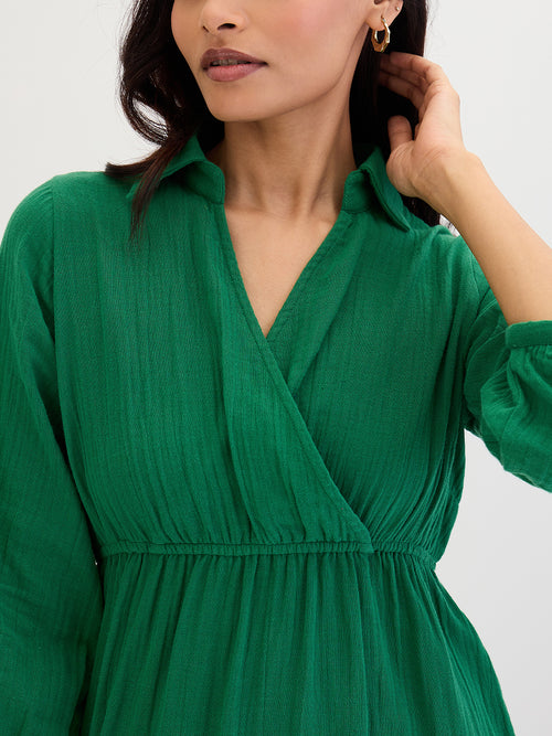Cotton Gauze Bright Green Wrap Knee Length Dress