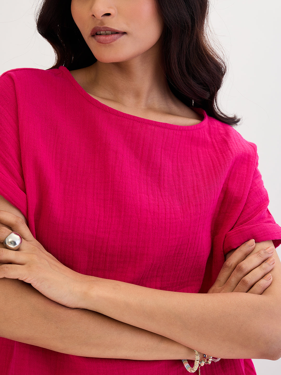 Cotton Gauze Hot Pink Round Neck Top With Straight Pant