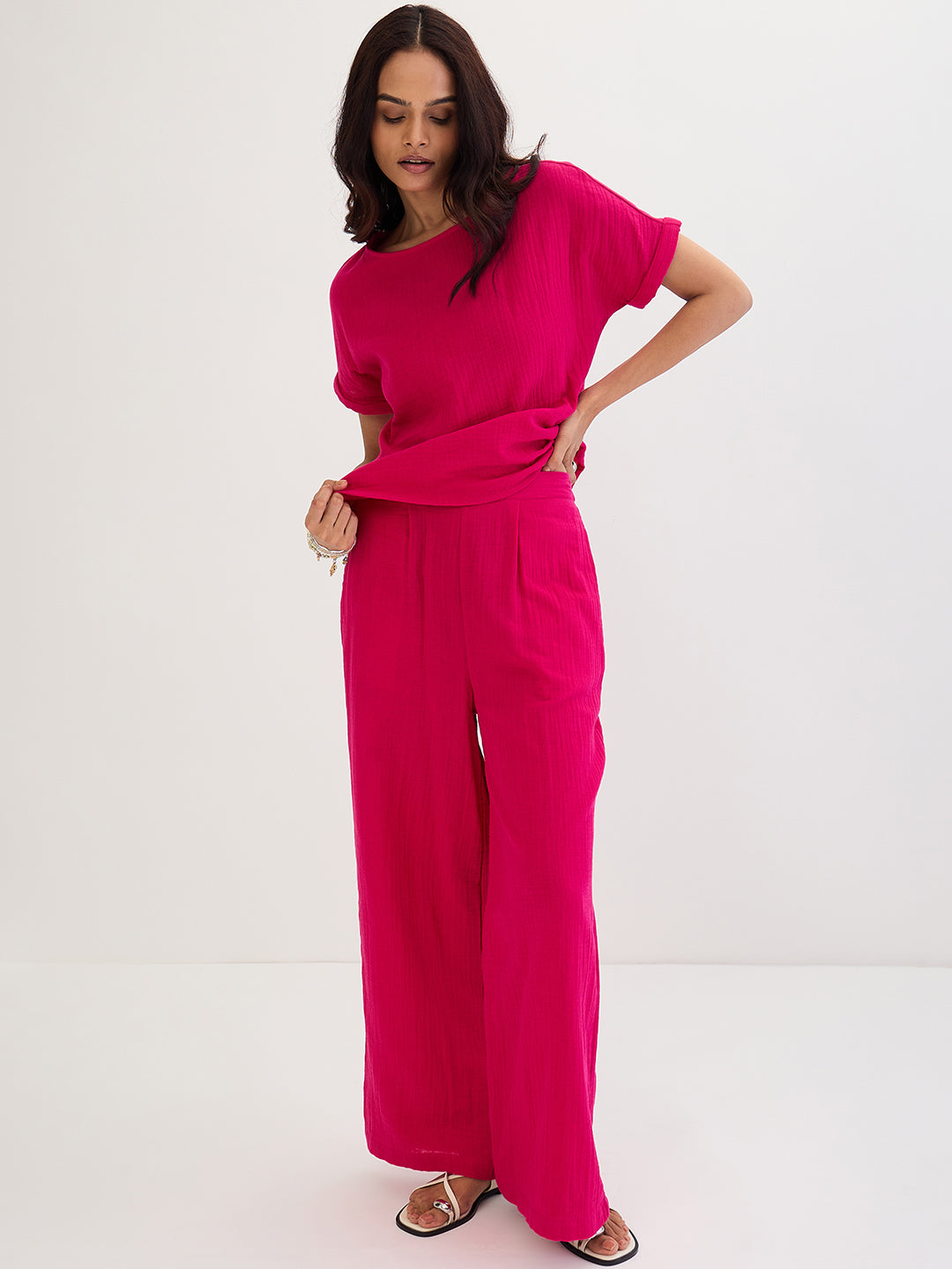 Cotton Gauze Hot Pink Round Neck Top With Straight Pant