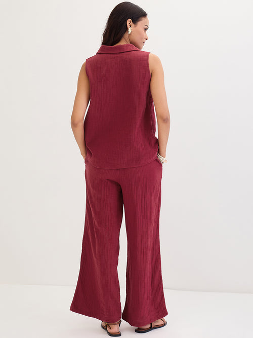 Cotton Gauze Cranberry Sleeveless Top With Straight Pant