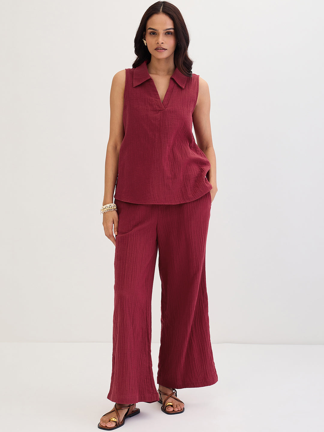 Cotton Gauze Cranberry Sleeveless Top With Straight Pant
