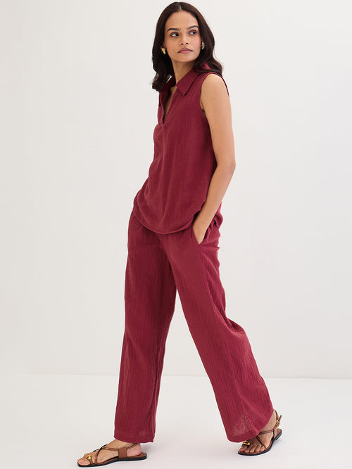 Cotton Gauze Cranberry Sleeveless Top With Straight Pant
