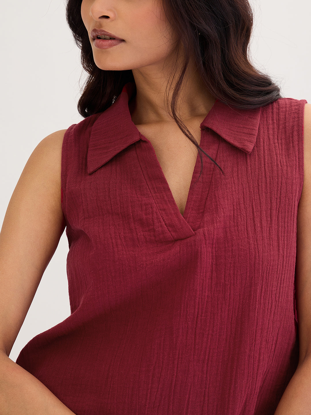 Cotton Gauze Cranberry Sleeveless Top With Straight Pant
