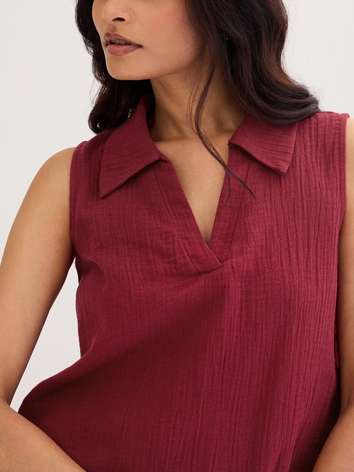 Cotton Gauze Cranberry Sleeveless Top With Straight Pant