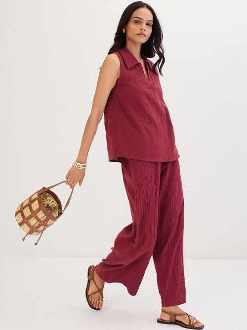 Cotton Gauze Cranberry Sleeveless Top With Straight Pant