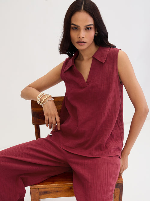 Cotton Gauze Cranberry Sleeveless Top With Straight Pant