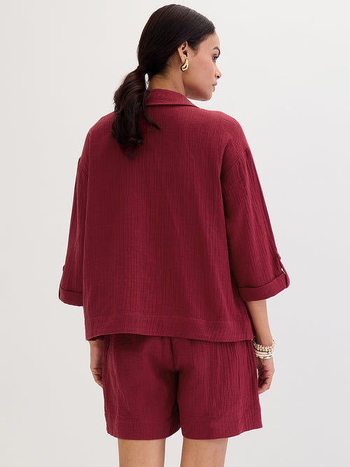 Cotton Gauze Cranberry Short Co-Ord Set